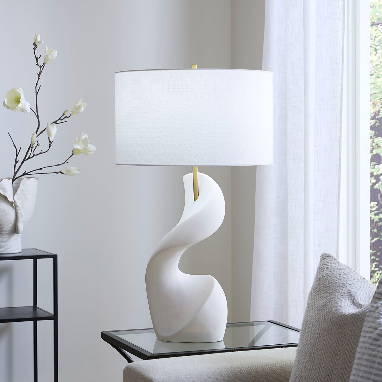 Jamie Young Company Abstract Sculptural Rice stone Table Lamp with White Drum Shade - 31.5" - White